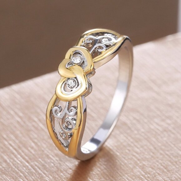 💎 Lovely Double Heart Carved Flower Two Color Plated Rings for Women,PD697 - Picture 1 of 10